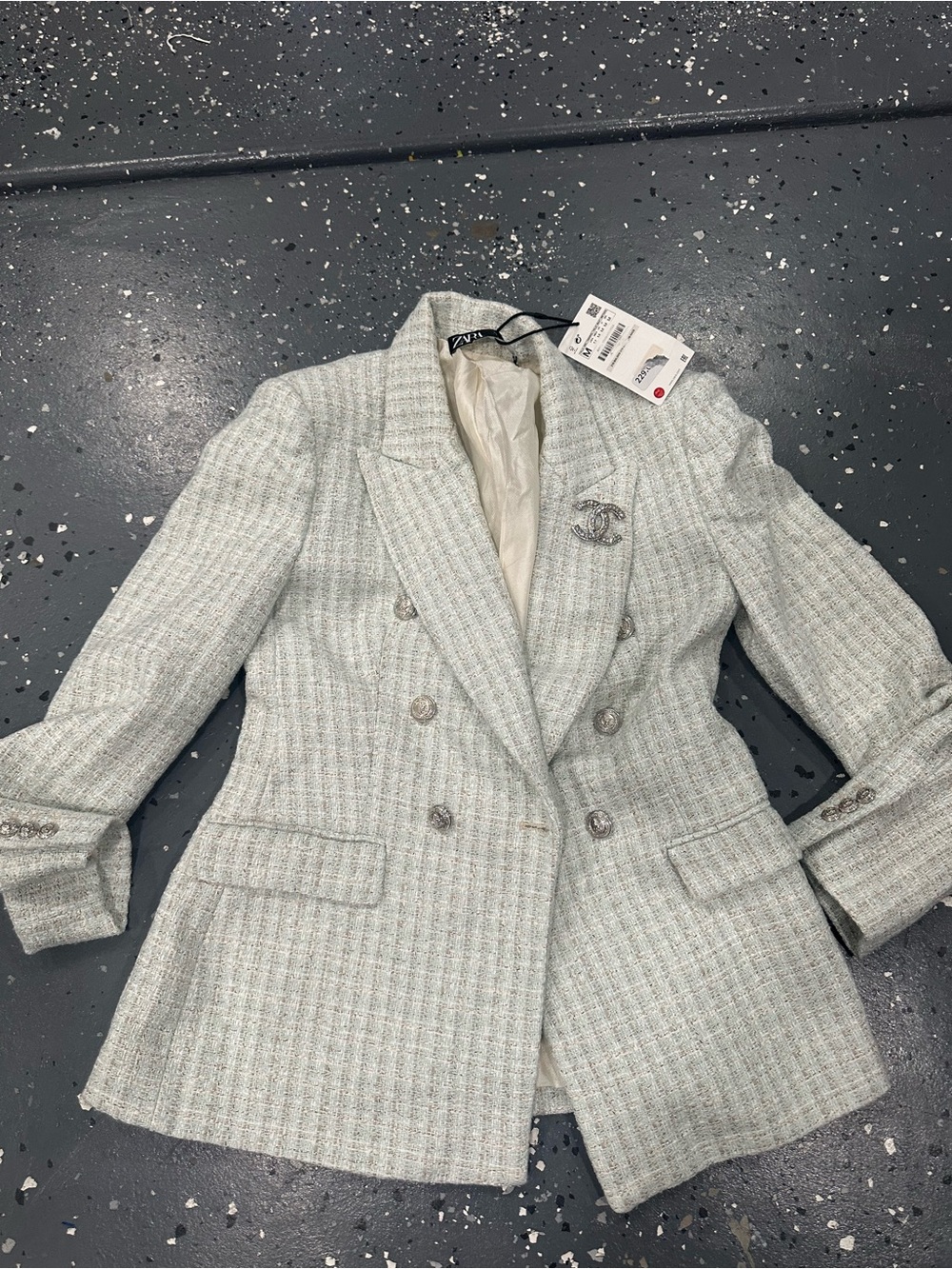 Zara Light Gray Tweed Double-Breasted Blazer